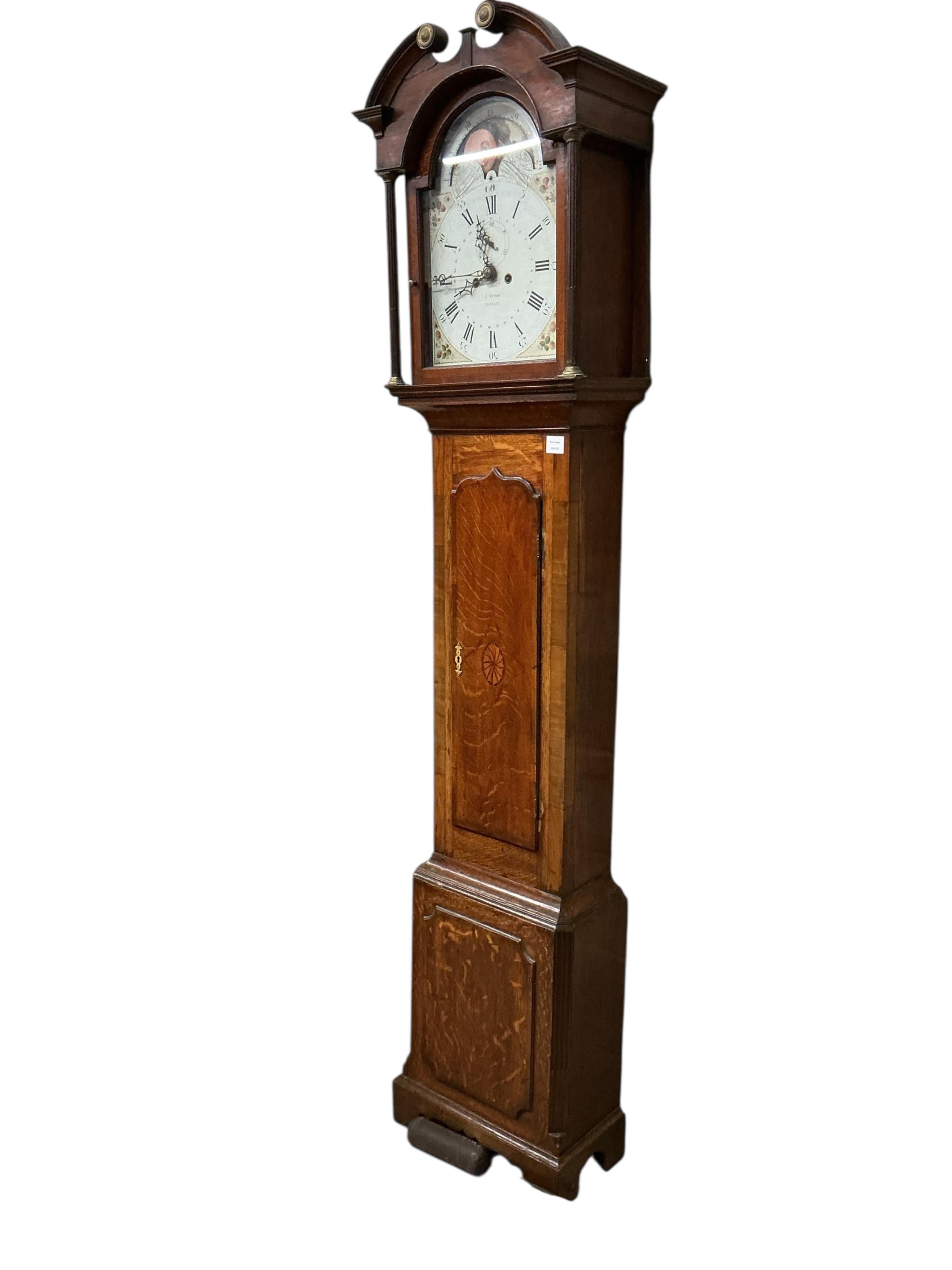 An early 19th century mahogany banded oak eight day longcase clock, marked J Verow, Hinkley, height 229cm